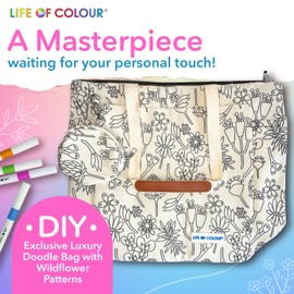 Life of Colour Doodle Bag with Wildflower Patterns – Color Your Own Tote Bag Craft Kits for Adults, Includes Canvas Tote & 24 Acrylic Markers – DIY Painting & Art Kit for Women