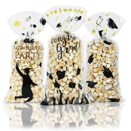 120pcs Graduation Cellophane Treat Bags, 3 Styles Black Gold Congrats Graduates Cello Party Gift Bags Plastic Clear Goody Candy Wrapping Bags with Silver Twist Ties for Graduation Grad Party Supplies