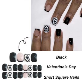 Vopintpy Short Square Valentine's Day Press on Nails with Glue on Nails White Black Heart French Tip Fake Nails Glossy Valentines Full Cover Stick on Nails for Women