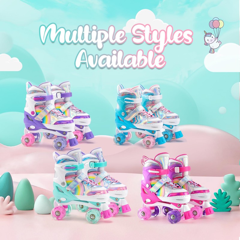 SULIFEEL Rainbow Unicorn 4 Size Adjustable Roller Skates for Girls