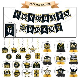 Juego de decoraciones de graduación con temática de oro 2025, pancarta de graduación de felicidades, remolino colgante de graduación y suministros de panal para fiesta
