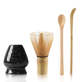 Set of 4 Matcha Tea Set Matcha Whisk and Whisk Holder Matcha Spoon, Matcha Kit Matcha Ceremony Accessory(Black-02)