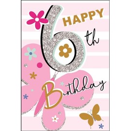 Jonny Javelin Girls 6th Birthday Card - Age 6 - Butterflies and Flowers with Flitter and Foil Details