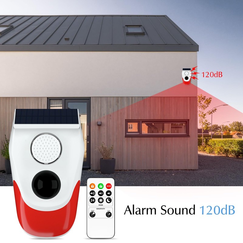 Outdoor Motion Sensor, Solar Alarm System House with Remote Control,
