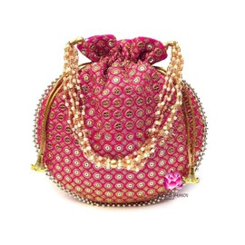 Potli Bag For Women Ethnic Designer Embroidery Work Batwa Pearls Handle With Intricate Bridal Drawstring Stylish Bridal Women, Hot Pink
