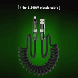 JinnEterri 4-in-1 Coiled Charging Cable, USB-C/USB-A/Lightning, 4ft Expandable, 65W Max, Data Transfer Compatible