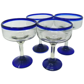 Dos Sueños Mexican Hand Blown Glass - Set of 4 Hand Blown Margarita Glasses - Cobalt Blue Rim (16 oz)