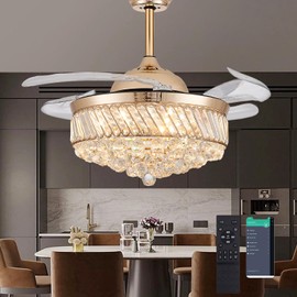 PAFRUMGE 36" Dimmable Gold Fandelier Crystal LED Ceiling Fans with Lights and Remote Chandeliers Ceiling Fan for Bedroom,Dining Room,Living Room (Gold, 36 in)