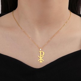EUEAVAN Chi Rho Christogram Symbol Necklace Alpha Omega Symbol Necklace IXCI NIKA Jesus Christ Name Pendant Sacramental Christian Amulet Religious Jewelry Gift Women Men (A-gold)