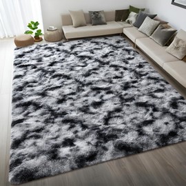 DweIke Fluffy Tie-Dyed Black White Rugs for Bedroom Living Room, 5x8 Large Soft Plush Shaggy Dark Girls Boys Kids Rug, Upgraded Non-Slip and Machine Washable Carpet for Dorm Nursery Classroom Decor
