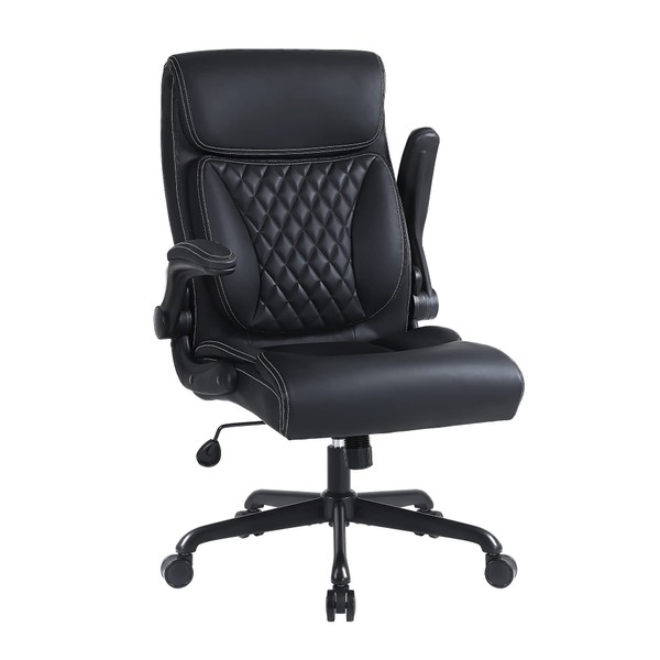 Youhauchair Executive Office Chair, Ergonomic Home Office Desk Chairs, PU Leather Computer Chair with Lumbar Support, Flip-up Armrests and Adjustable Height, High Back Work Chair, Black