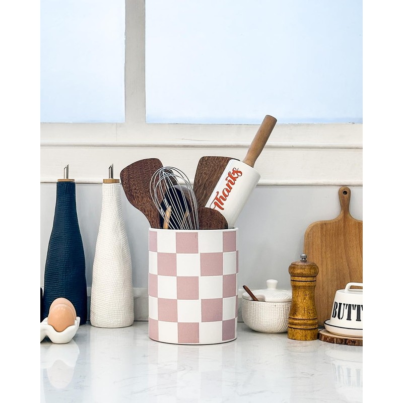 Swkien Utensil Holder，7.2 Inch Checkered Utensil Holder, Ceramic Cooking Utensil