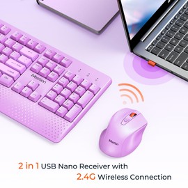 MEETION Wireless Keyboard and Mouse, Computer Keyboard Mouse, 3 DPI Adjustable USB A and USB C Adapter Full-Sized Cordless, Wrist Rest for PC/Computer/Laptop/Windows/Mac, Purple