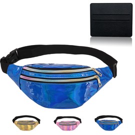BAIYSFFG Metallic Fanny Pack Fashionable Waist Bag Waterproof Belt Bags Unisex Fashion Waist Casual Travel Bum Bag with 3 Zipper Pockets for Women Men Sports Running Hiking Jogging (Blue)