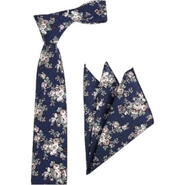 Men's Skinny Ties Matching Handkerchief Set Floral Printed Neckties (Navy, One size)