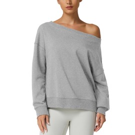 QINSEN Womens Oversized Sweatshirt Off The Shoulder Pullover Long Sleeve Sweatshirts No Hood Light Grey L