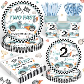 120 piezas de dos suministros de fiesta de cumpleaños rápidos para niños y niñas, decoraciones de fiesta de segundo cumpleaños, dos rápidos y curiosos juegos de vajilla de cumpleaños de coche de