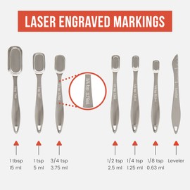 Chef Pomodoro Measuring Spoons 7-Piece Set, Stainless Steel Metal Measuring Spoons, Metric and US Laser Markings, Cooking Baking, Dry or Liquid, Fits in Spice Jars