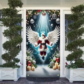 Tomhong Christmas Door Cover Banner Santa Angel with Wings 71x35 Inch Holiday Door Sign for Front Door Festive Candle Door Cover for Winter Xmas Party Home Porch Outdoor Decor