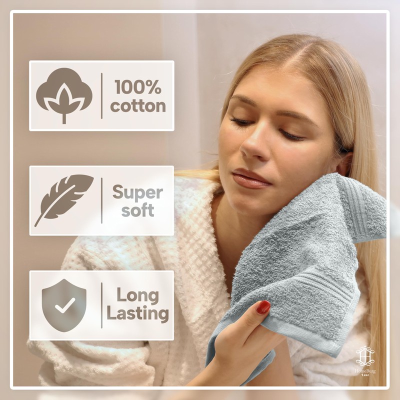 HomeBurg Luxe 12-Piece Washcloth Set - 100% Cotton, Soft &