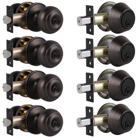 Probrico 4Pack Oil Rubbed Bronze Door Knob and Single Cylinder Deadbolt Lock Set, Exterior Deadbolt and Door Knob Lockset, Keyed Alike Front Entry Door Handleset