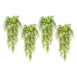 SJL Hanging Faux Plants Indoor 4pcs Fake Flowers Plant Fern with LED Lights Artificial Vines for Outdoors Real Touch Fake Plants All Year Round Eucalyptus Decor for Garden Porch (White)
