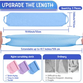 Plliocse 3 Pack Exfoliating Back Scrubber for Shower, Long Nylon Body Washcloth with Handles, Deep Cleansing Bath Strap for Removing Dead Skin and Invigorating Skin Massage for Men Women