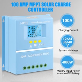 100A MPPT Solar Charge Controller Solar Panel Intelligent Regulator 12V 24V 36V 48V Dual USB Ports Max 100V Input for Lead-Acid/Lithium, Blue
