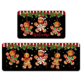 Tailus Welcome Christmas Gingerbread Man Kitchen Rugs Set of 2, Xmas Peppermint Candy Holly Red Berries Kitchen Mats Decor, Holiday Door Mat Home Decorations - 17x29 and 17x47 Inch