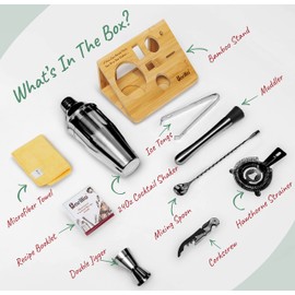 Black Mixology Bartender Kit Cocktail Shaker Set by Barillio: Drink Mixer Set with Bar Tools, Bamboo Stand Cocktail Mixer Liquor Pourers Mojito Muddler Mixing Spoon Jigger Recipes Booklet