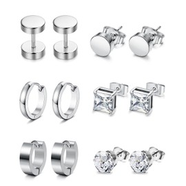Jstyle 6 Pairs Stainless Steel CZ Stud Earrings for Women Mens Huggie Hoop Earrings Ear Piercing