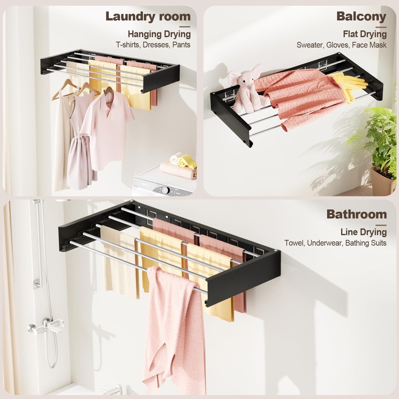 Vasunray Wall Mounted Clothes Drying Rack Folding Indoor, Foldable Laundry