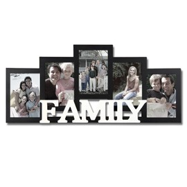 Adeco Decorative Black and White Wood ''Family'' Wall Hanging Picture Photo Frame, 5 Openings, 4x6''
