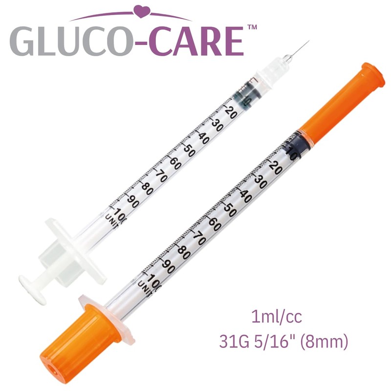 GLUCO-CARE 1 ml/cc Syringes 31G x 5/16’’ (8mm), Orange Cap,