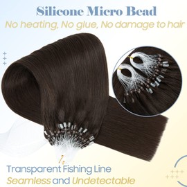 SLEEKALON Micro Loop Hair Extension Human Hair Micro Beads Hair Extension Brown Micro Link Real Human Hair Extensions for Women,#02 Dark Brown Microbeads Micro Ring Hair Extension,50s/50g/pack,18 Inch