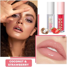 Balsamo Labios, Lifter Gloss Aceite Labial Plumping 2 Packs Aceite Labia Hidratante Brillo de Labios Extracto de Frutas Bálsamo Labial Hidratante y Tinte para Labios Secos (Fresa+Coco)