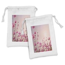 Lunarable Spring Fabric Pouch Set of 2, Blurry Effect Image of Cosmos Flower Field Under Pastel Sky Nature Theme, Small Drawstring Bag for Toiletries Masks and Favors, 9" x 6", Blush and Pastel Pink
