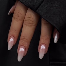Kotkiddy Almond Press On Nails Medium False Nails Chrome Acrylic Nails Shiny Natural False Nails with Design White French Lace Acrylic Nails Pack of 24