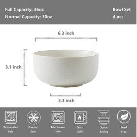 S&Q'S CERAMICS S&Q - Cuencos de cerámica para cocina, 36 onzas, juego de 4 cuencos de cereales de gran capacidad, para sopa, avena, desayuno, microondas y lavaplatos, esmaltado mate blanco