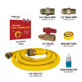 PROCURU 1/2" OD x 72" Gas Flex Connector Kit with 1/2" Straight Valve for Dryer, Water Heater, Grill- Weatherproof Flexible Stainless Steel Pipe with Yellow SafeGuard Coating