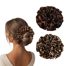2 Pack Large Leopard Print Ruffle Scrunchies for Women, Large Size