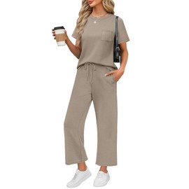 WIHOLL Workout Sets for Women 2 Piece Short Sleeve Summer Cruise Business Casual Outfits 2025 Going Out Two Piece Sets Women's Clothing Country Concert Crew Neck Tracksuits Coffee L