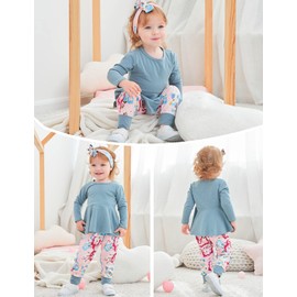 bilison Conjunto de ropa para bebé y niña, de color liso, con volantes, pantalones florales con bonita diadema, Azul pálido, 18/24M US