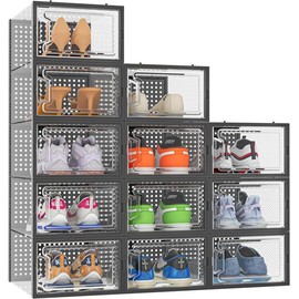12-Pack Clear Stackable Shoe Storage Bins with Black Frame – Foldable, Space-Saving Closet Organizer