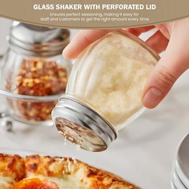 OCS Parts 3.5-Inch Glass Shakers with Chrome Plated Perforated Lids | 6-Pack | Grated Cheese, Chili and Red Pepper Shakers for Home Kitchens, Delis, Restauarants, and Pizza Parlors