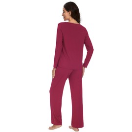 WiWi Women's Pajama Set Soft Long Sleeve Tee Pants Sleepwear 2 Piece Comfy Nightwear with Pockets Pjs S-XXL, B-wine, X-Large