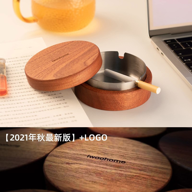 Ashtray with Lid, Stylish, Combined with Wooden and Stainless Steel,