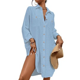 Bsubseach Womens Modern Swimsuit Cover Up Blouse Button Down Shirt Dresses Tops Light Blue M