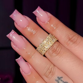 24Pcs Pink French Press on Nails Short Square Nail Tips Fall Fake Nails Press ons with Glitter Design Acrylic Nail Kit Full Cover Nude False Nails Glossy Glue on Nails for Ma'am