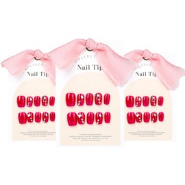 3 Packs Bling Coffin Press on Nails Y2K Short Square Fake Nails with Vivid Color Fashion Glossy Gel Acrylic Reusable UV Finish Full Cover Stick on Nails for Women Girls Pink S/M/L 30 PCS